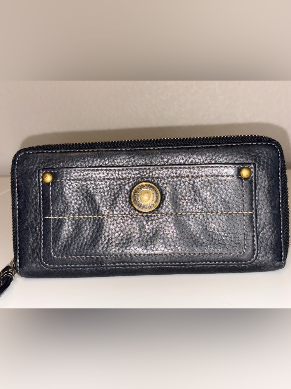Coach Black Pebbled Leather Wallet with Gold Accents